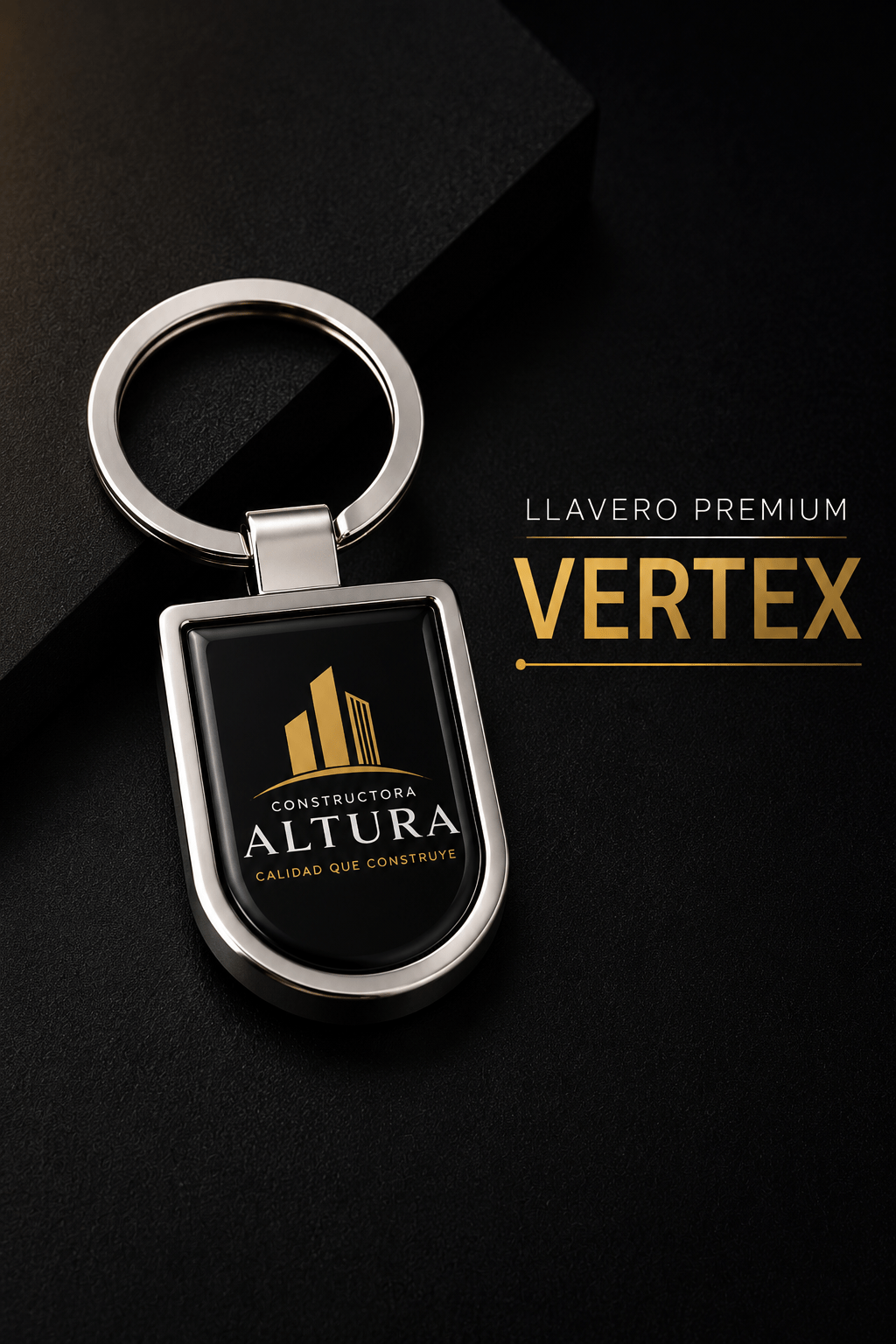 Llavero Premium DOMOTACK VERTEX personalizado con logotipo y gota de resina