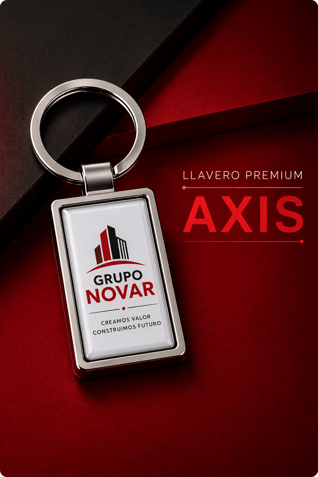 Llavero Premium DOMOTACK AXIS personalizado con logotipo y gota de resina