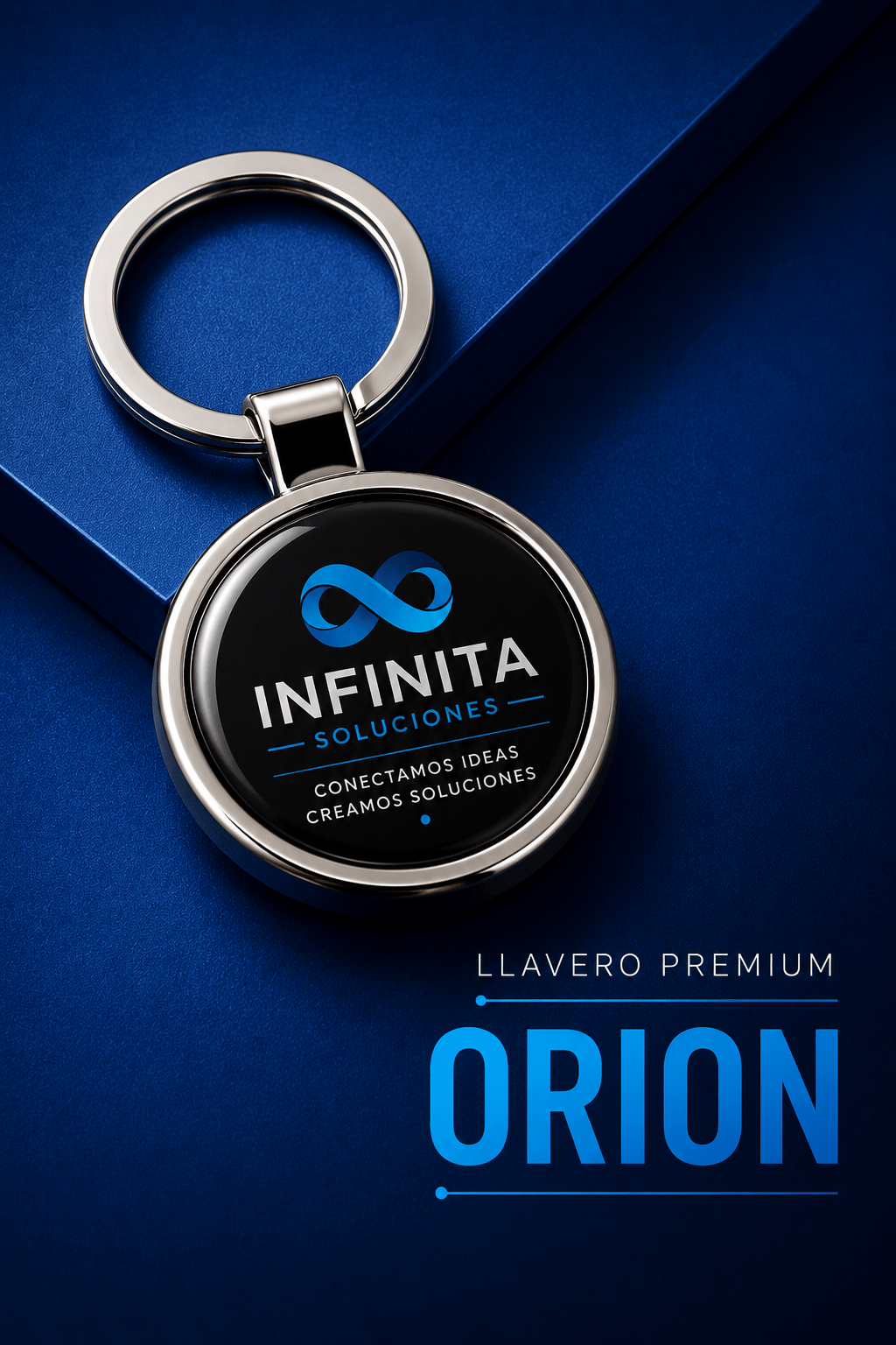 Llavero Premium DOMOTACK ORION personalizado con logotipo y gota de resina