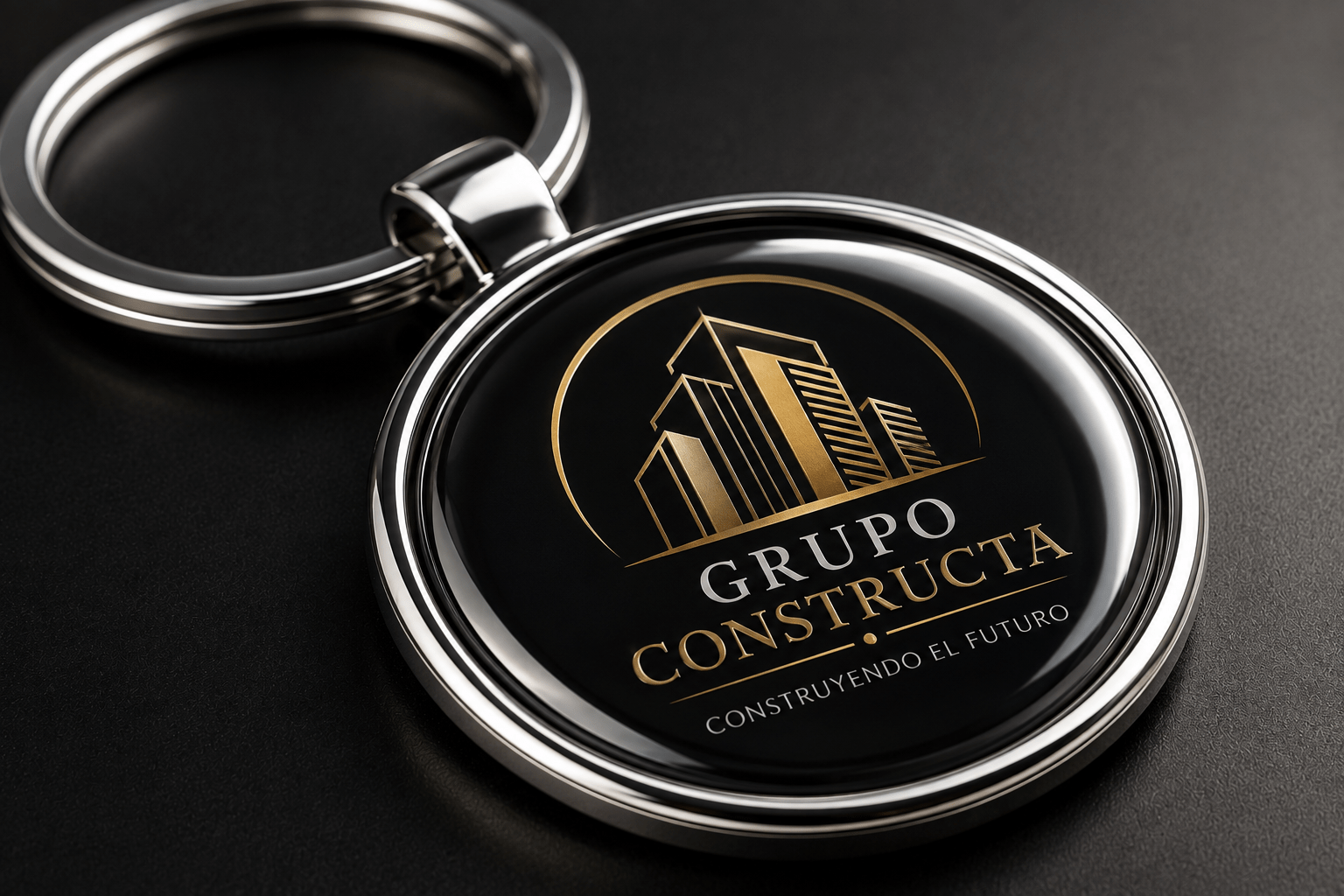Llaveros personalizados Premium para empresas con gota de resina y diseño negro y dorado