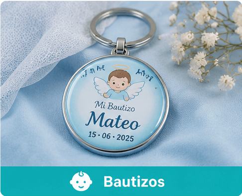 Llavero personalizado para bautizo con nombre y gota de resina Premium
